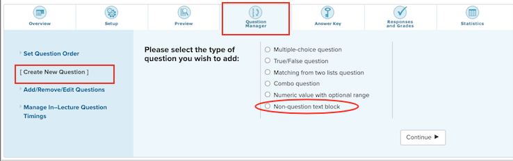 Screenshot with boxes highlighting the Question Manager tab, Create New Question button, and Non-question text block option