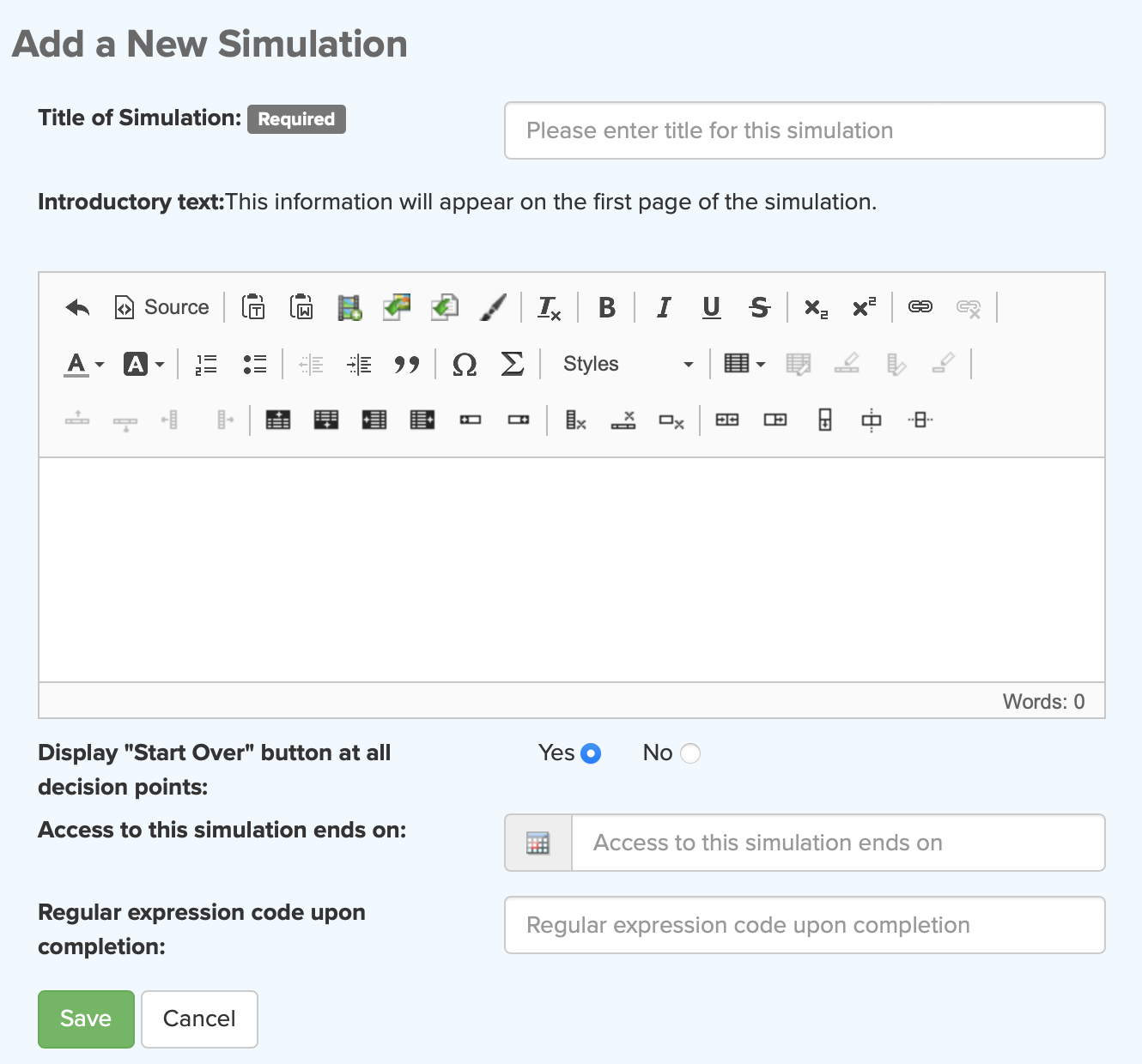 Screenshot of the Add a New Simulation window